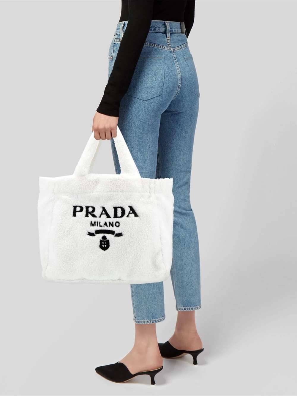 PRADA White Faux-Fur Tote Bag - Milano Logo